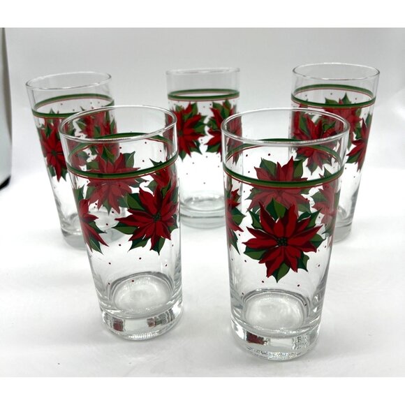 Vintage Libby Christmas Poinsettia Drinking Glasses Set of 5 Holiday Water Glass - Picture 2 of 9